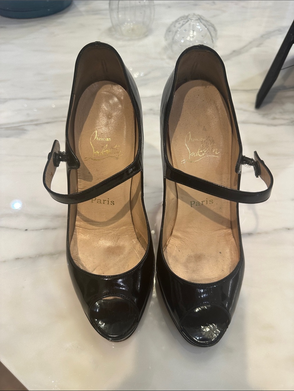 Christian Louboutin Black Patent Mary Jane Peep-Toe Heels